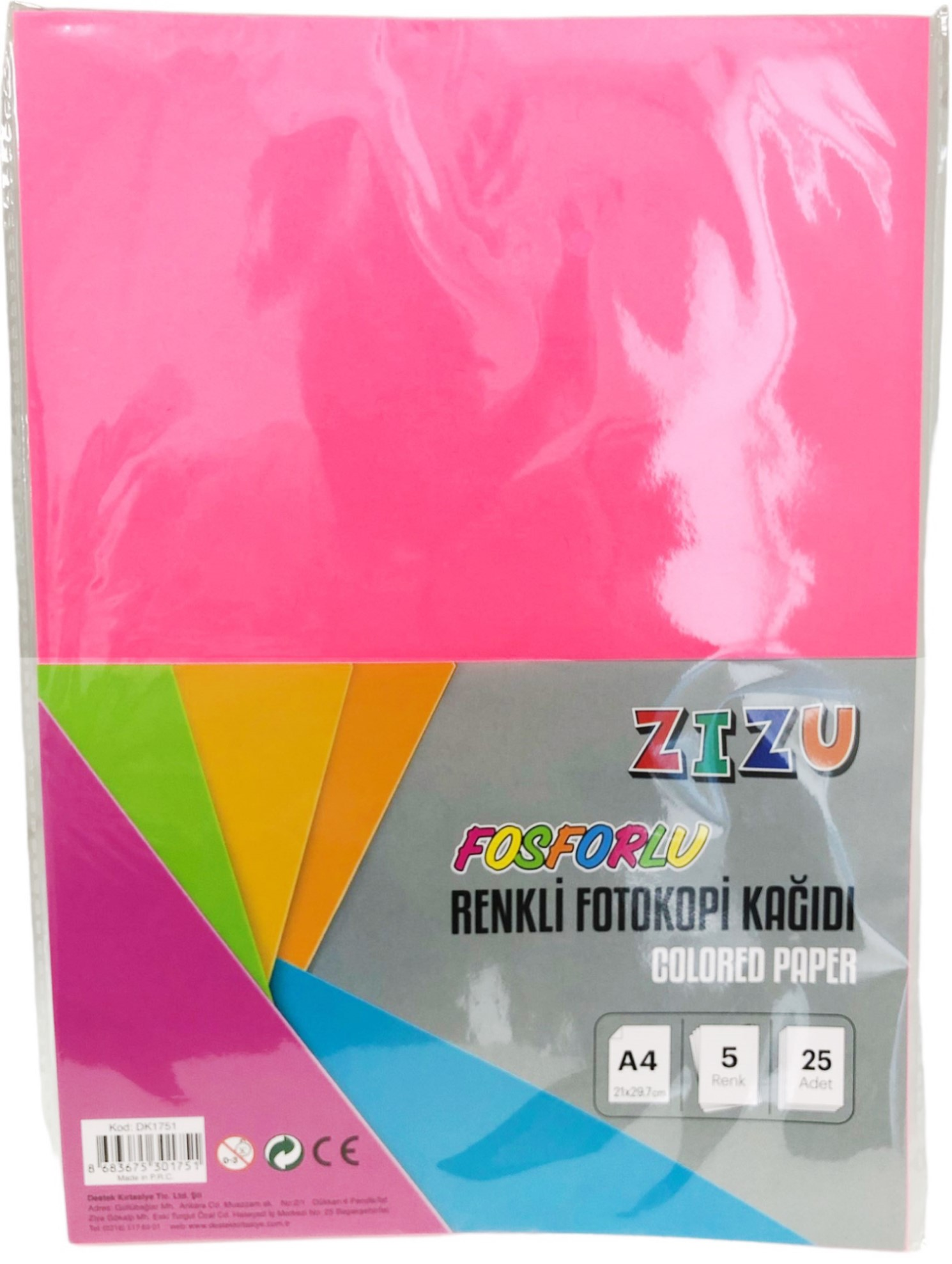 ZİZU RENKLİ A4 FOTOKOPİ KAĞIDI 5 RENK 25 Lİ FOSFORLU
